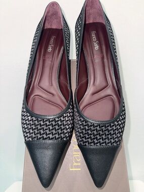 Franco Sarto Black/Silver kitten heel Pointed-Toe Woven Pumps
